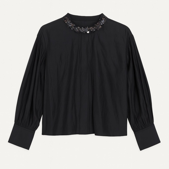 Tanya Taylor long sleeve sheer black button down shirt sequin neck - Picture 1 of 4